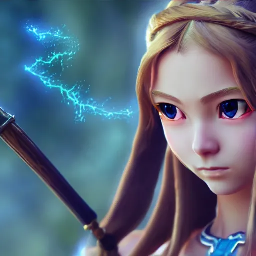 Prompt: Zelda render as a very beautiful 3d anime girl, hot petite, long braided hair, hazel eyes, full round face, short smile, cinematic lightning, medium shot, mid-shot, highly detailed, trending on Artstation, Unreal Engine 4k, cinematic wallpaper