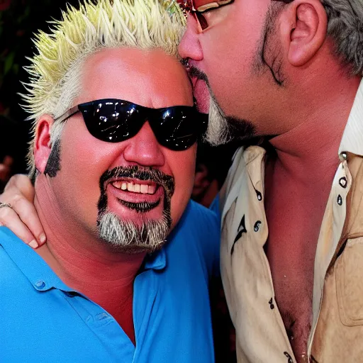 Image similar to a photo of guy fieri kissing guy fieri on their honeymoon, 4 k detail, portrait