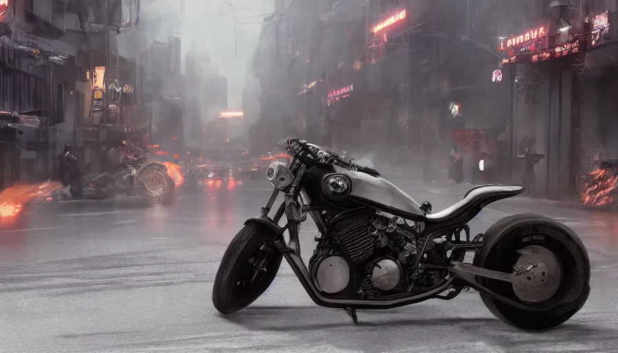 Image similar to single wheel motorcycle concept design and Japanese engineering in the streets of fire movie 8k, a highly detailed epic cinematic digital painting artwork