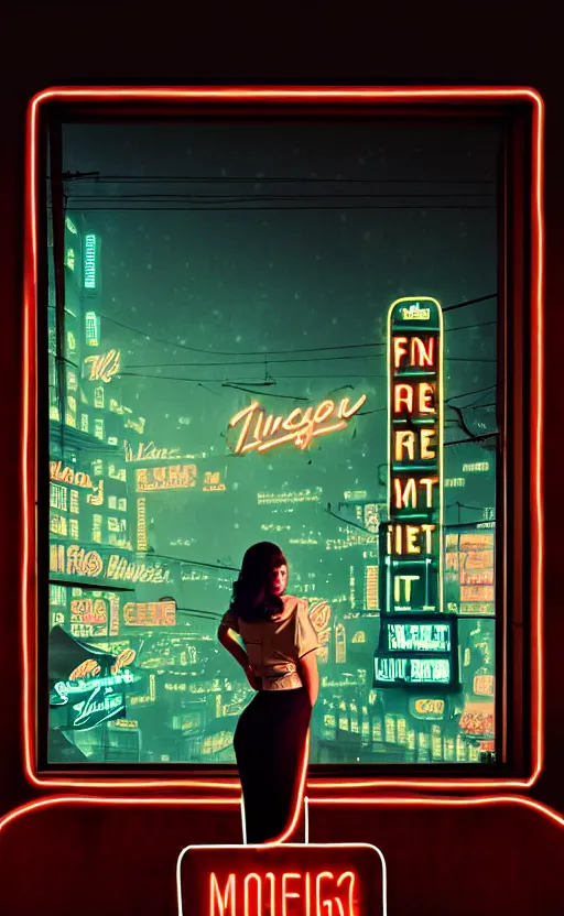 Image similar to vertical movie frame portrait of girl in 5 0's retro restaurant interior, neon - decorated urban on night in the city seen through the window, modern interior design, architectural design, vintage, night blade runner, dark, postapocalyptic, clean lines, 4 k, octane, asian futuristic city at distance, big windows, octane, wide angle