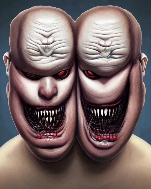 Image similar to Two-headed portrait Painting of a chubby fat EXTRATERRESTRIAL creature with big bulging eyes, white milky eyes, eyeballs, two heads, flabby skin, excess skin hanging from cheeks, straw-like beard growing from face, disgusting, creepy, unsettling, horror, upper body, intricate, wild, highly detailed, digital painting, artstation, concept art, smooth, sharp focus, illustration, art by artgerm and greg rutkowski and alphonse mucha