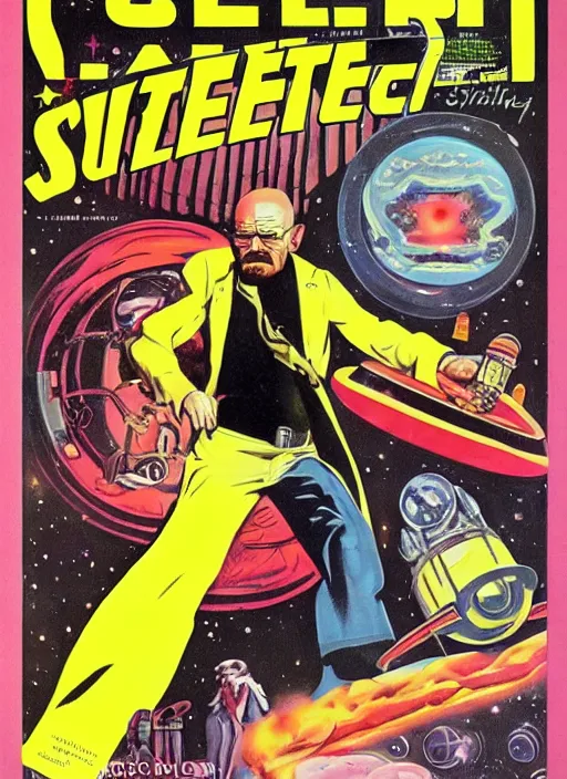 Image similar to Walter White as space cowboy in retro science fiction cover by Kelly Freas, vintage 1960 print