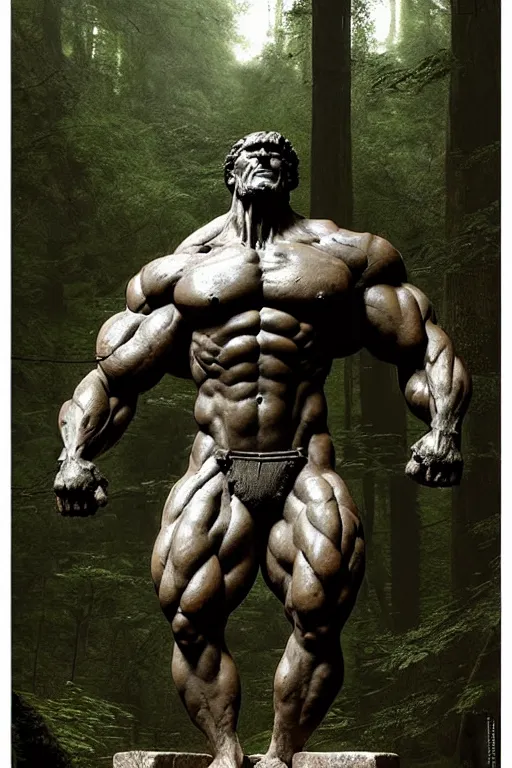 Prompt: greg rutkowski poster. ancient stone carved sculpture of a giant muscular man in the woods