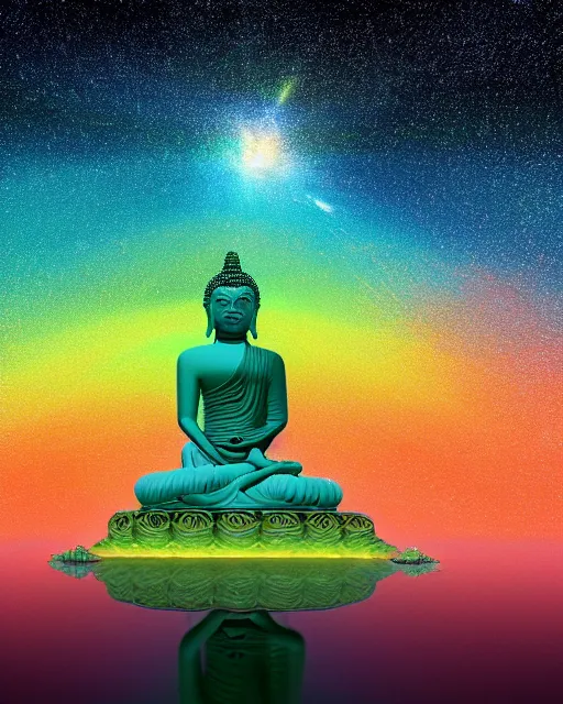 Image similar to the most beautiful star system, sky full of brightly coloured starts, inside of an expansive cave, green tara buddha with a crown of rainbow clouds, floating above a clear mirrored lake, coherent design, symmetrical, vivid color, complementary color, golden ratio, detailed, sharp lines, intricate, rainbowshift, by in unreal engine, nvidia, octane render