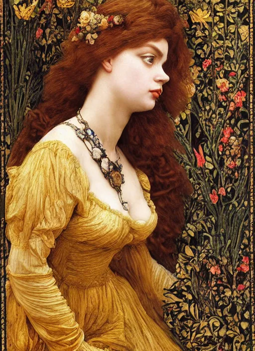Prompt: masterpiece of intricately detailed preraphaelite photography portrait face hybrid of judy garland and a hybrid of lady gaga and ingrid bergman, sat down in train aile, inside a beautiful underwater train to atlantis, betty page fringe, medieval dress yellow ochre, by william morris ford madox brown william powell frith frederic leighton john william waterhouse hildebrandt
