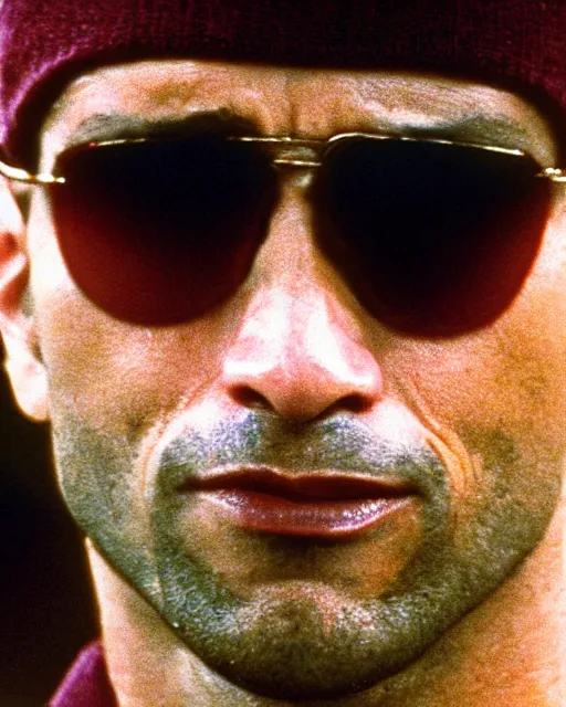 Prompt: film still close - up shot of dwayne johnson as travis bickle from the movie taxi driver. photographic, photography