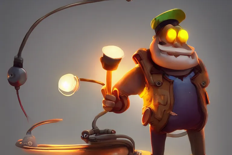 Image similar to a cartoony electrician, in the style of Rayman origins, michael ancel, Ruan Jia and Mandy Jurgens and Greg Rutkowski, trending on Artstation, award winning, unreal engine, octane render H 1024