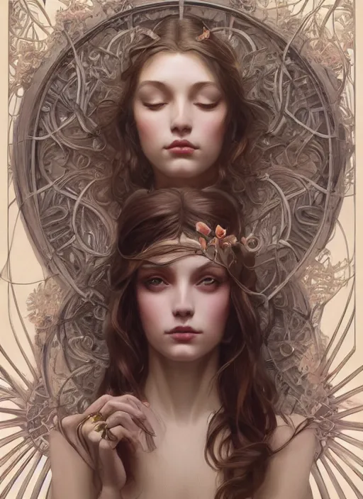 Image similar to symmetry!! sleeping beauty, machine parts embedded into face, intricate, elegant, highly detailed, digital painting, artstation, concept art, smooth, sharp focus, illustration, art by artgerm and greg rutkowski and alphonse mucha, 8 k