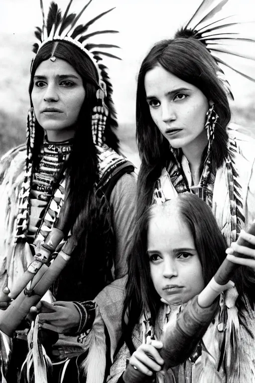 Prompt: photo of two native american indian woman's : emma watson and angelina jolie smoking a pipe of peace, portrait, skilled warrior of the apache, ancient, realistic, detailed