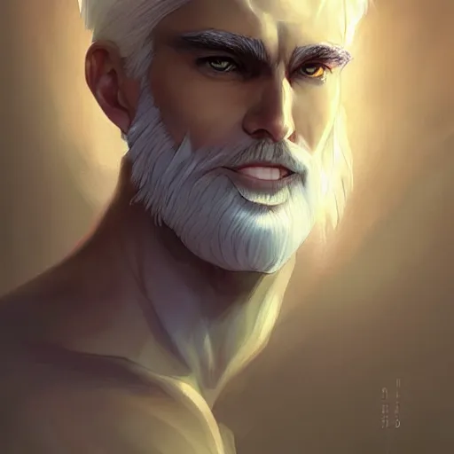 Image similar to portrait of a man with stylish white hair,an unusual beard and yellow eyes,character design by charlie bowater, ross tran, artgerm, and makoto shinkai, detailed, inked, western comic book art, 2021 award winning painting,digital art,art by greg rutkowski,photorealistic,highly detailed,hyperdetailed,hyperrealistoc,detailed face,surreal,fantasy,real life,cg society