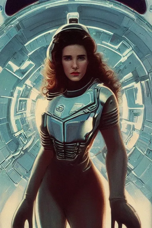 Image similar to young Jennifer Connelly as a stunning , beautiful retro SCI-FI space heroine 1985 , movie poster, intricate, elegant, highly detailed, centered, digital painting, trending on artstation, concept art, smooth, sharp focus, illustration, art by artgerm and donato giancola and Joseph Christian Leyendecker, Ross Tran, WLOP