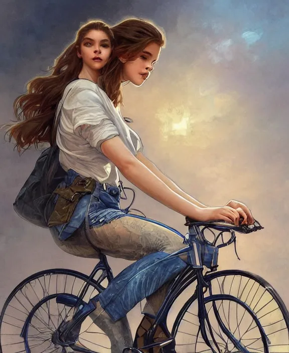 Prompt: portrait of barbara palvin riding a bicycle in denim shorts, side view, intricate, elegant, highly detailed, digital painting, artstation, concept art, art by artgerm and greg rutkowski and alphonse mucha