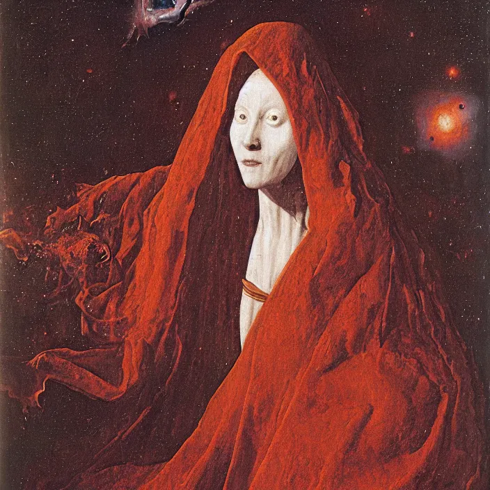 Prompt: a closeup portrait of a cloaked woman floating next to a demon nebula, demon nebula, by jan van eyck