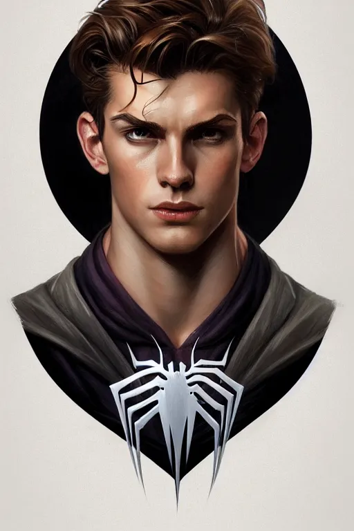 Image similar to portrait of a young spiderman handsome, male, masculine, upper body, d & d, fantasy, fierce, sharp features, intricate, elegant, highly detailed, digital painting, artstation, concept art, matte, sharp focus, illustration, art by artgerm and greg rutkowski and alphonse mucha