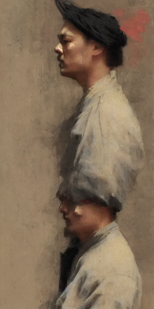 Image similar to di caprio by Solomon Joseph Solomon and Richard Schmid and Jeremy Lipking victorian genre painting full length portrait painting of 张国荣 in traditional costume