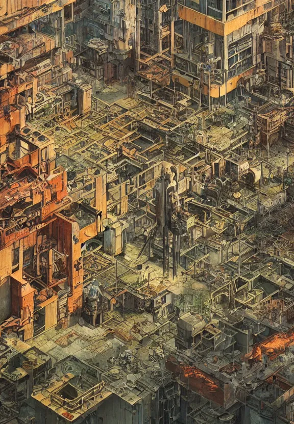 Image similar to [Underground colony with checkered flags, rust and brutalist buildings and little mushrooms. Propaganda poster, intricate, elegant, highly detailed, digital painting, artstation, concept art, matte, sharp focus, illustration, art by Enki Bilal and Moebius]