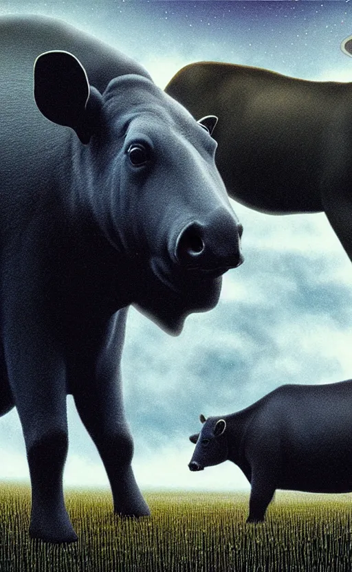 Image similar to tapirs and cows, glitch art, interstellar, beautifully lit, by gerald brom, artstation, unreal engine