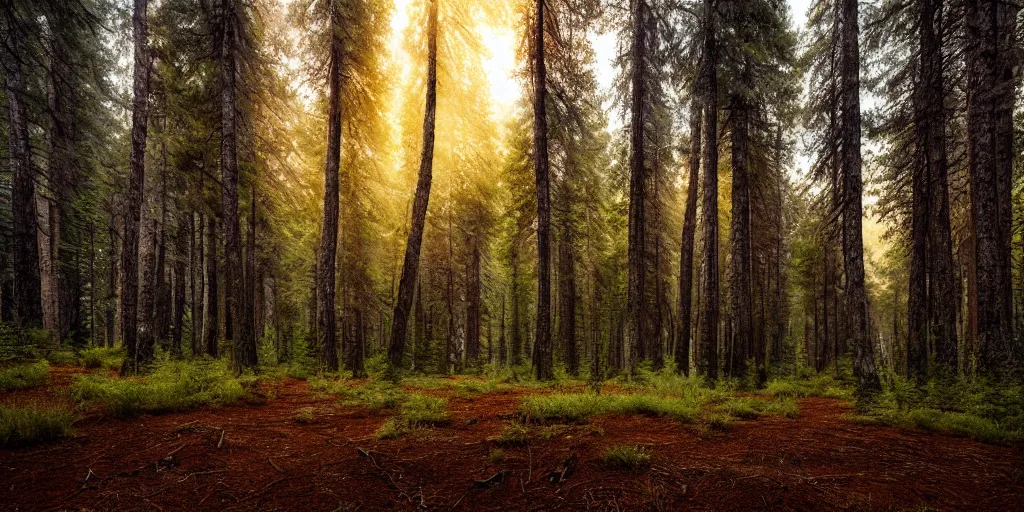 Prompt: landscape photograph of a large pine forest with a clearing, realistic, detailed, cinematic lighting, godrays.