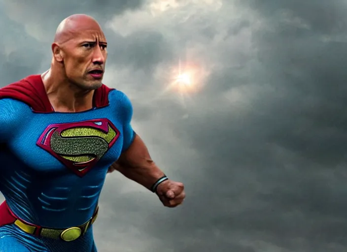 Prompt: film still of dwayne the rock johnson as superman in the new superman movie, 4 k, highly detailed face, detailed eyes