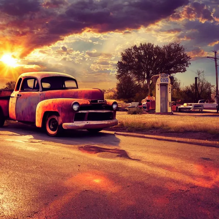 Image similar to a sunset light landscape with historical route 6 6, lots of sparkling details and sun ray ’ s, blinding backlight, smoke, volumetric lighting, colorful, octane, 3 5 mm, abandoned gas station, old rusty pickup - truck, beautiful epic colored reflections, very colorful heavenly, softlight