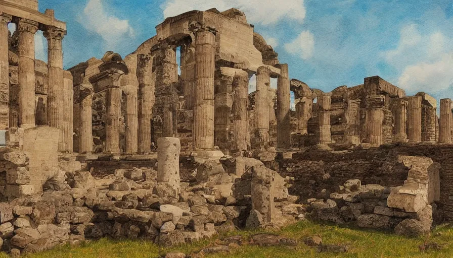 Prompt: a sleeping giant nestled between roman ruins, in the art style of the painter arellius