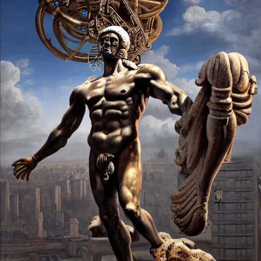 Prompt: beautiful painting of a cyborg ancient greek statue of Laocoon looming over a city in the style of Welder Wings and H. R. Giger. Dark background, detailed, trending on Artstation