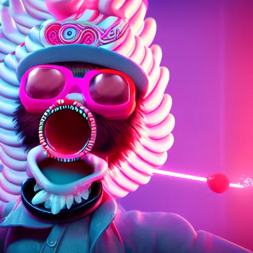 Image similar to candypunk rockstar, character design, high quality digital art, render, octane, redshift, volumetric lighting, oled