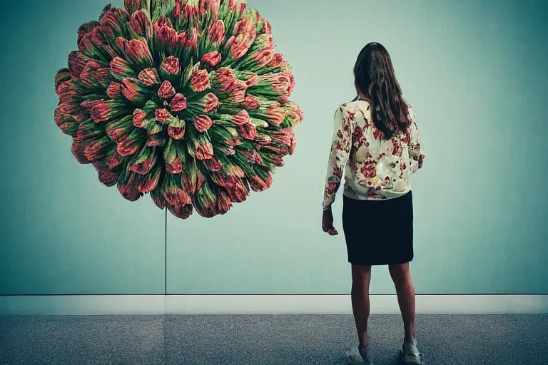 Image similar to giant flower head, girl walking in hotel, surreal, symmetry, flat space, fanciful, stark colours, detailed, wes anderson