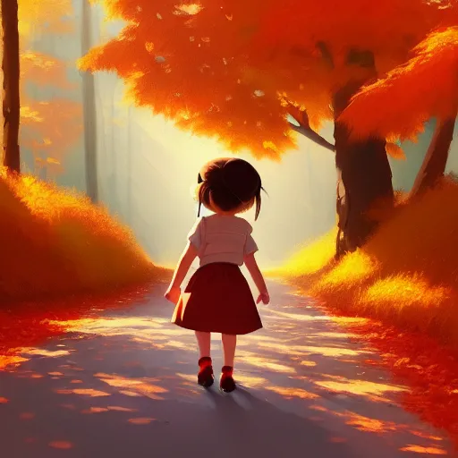Prompt: goro fujita ilustration a beautiful little girl smiling, walking calmly through an autumn forest, characterized by samantha mash, character art, sharp focus, highly detailed, artstation