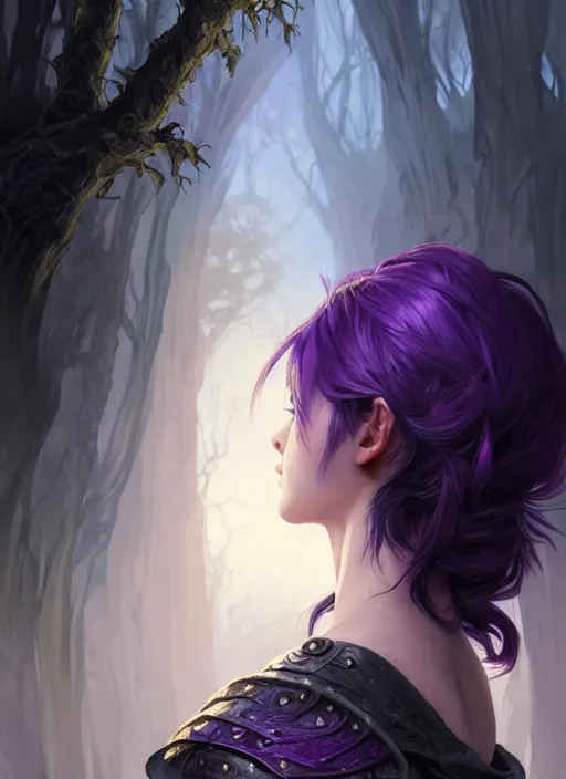 Image similar to back portrait rugged girl, adventurer outfit large cloak, fantasy forest landscape, dragon scales, fantasy magic, undercut hairstyle, short purple black fade hair, dark light night, intricate, elegant, sharp focus, illustration, highly detailed, digital painting, concept art, matte, art by wlop and artgerm and greg rutkowski and alphonse mucha, masterpiece