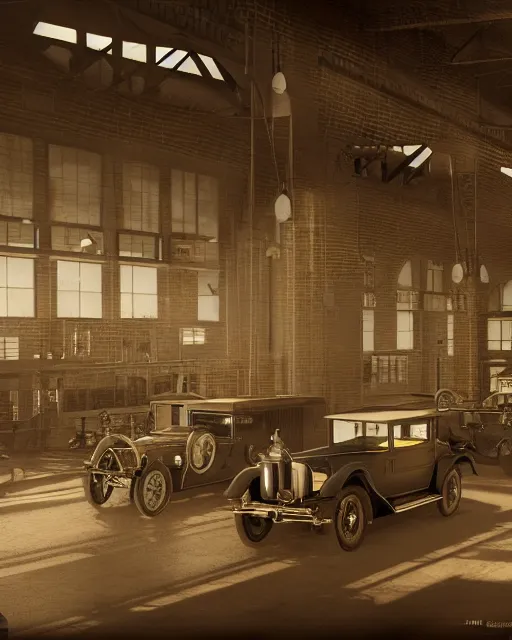 Image similar to interior of historic large factory with luxury cars of 1920s, volumetric lighting, sepia tones, hyper realism, high detail, octane render, high contrast , 8k