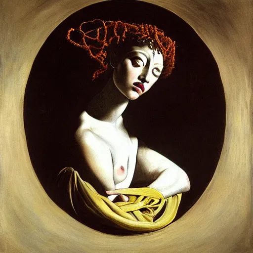 Image similar to Marjorie Taylor Greene painted as Medusa by Caravaggio