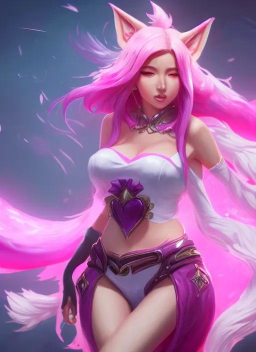 Image similar to ahri, from league of legends, pink heart skill, hyper detailed, digital art, trending in artstation, cinematic lighting, studio quality, smooth render, unreal engine 5 rendered, octane rendered, art style by klimt and nixeu and ian sprigger and wlop and krenz cushart