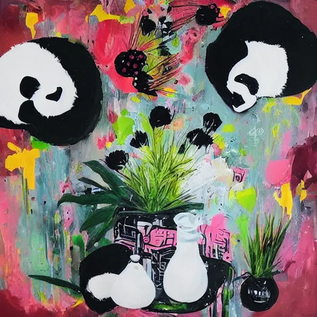 Image similar to “ a portrait in a female art student ’ s apartment, sensual, a panda theme, art supplies, paint tubes, ikebana, herbs, a candle dripping white wax, black walls, squashed berries, berry juice drips, acrylic and spray paint and oilstick on canvas, surrealism, neoexpressionism ”