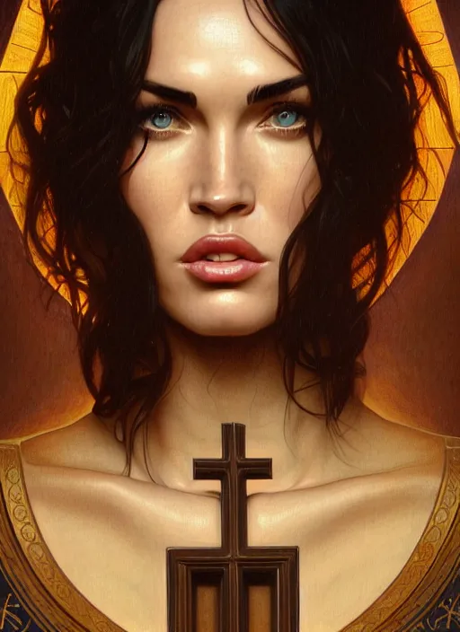 Image similar to portrait of megan fox as a sultry nun, catholic, church, bible, christian, intricate, headshot, highly detailed, digital painting, artstation, concept art, sharp focus, cinematic lighting, illustration, art by artgerm and greg rutkowski, alphonse mucha, cgsociety