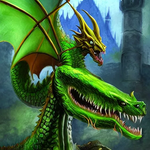 Prompt: fairy tale, painting, large green dragon, venomfang, dnd, inside a castle, four legs, realistic, dungeons and dragons