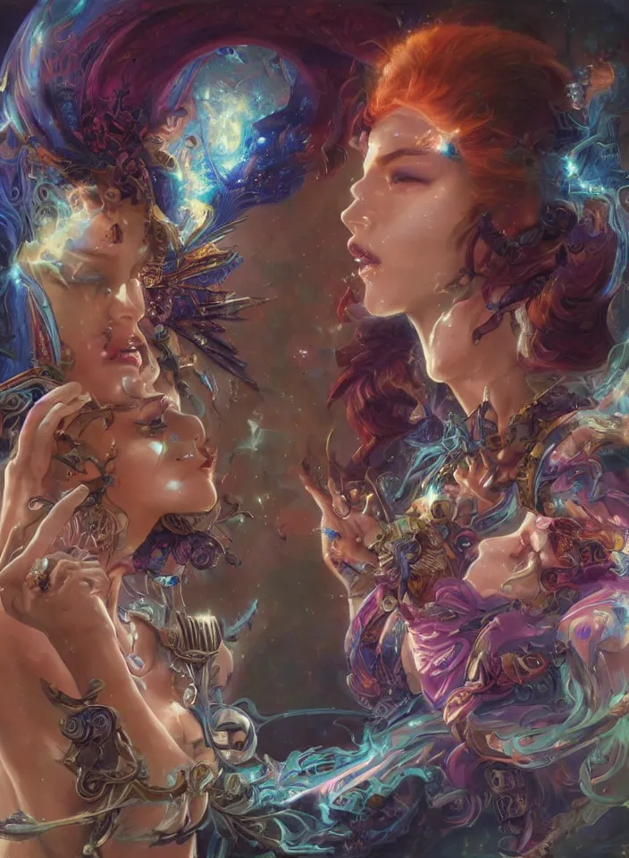 Image similar to beautiful gemini good and evil fantasy female character portrait, highly saturated colors, ultra realistic, wide angle, intricate details, the fifth element artifacts, holographic undertones, highly detailed by peter mohrbacher, hajime sorayama, wayne barlowe, boris vallejo, aaron horkey, gaston bussiere, craig mullins