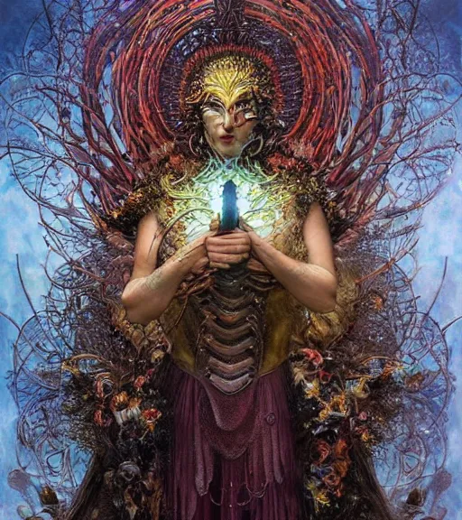 Prompt: I am the warrior Lord of the three worlds of existence, the manifest Lord of the glorious Lord’s manifestation. I am alive, and I am rejuvenated. Be strong,, and be prepared. Strive hard and become a chosen one. the seven stars are mine, portrait, overgrowth and dark flowers by karol bak, WLOP, James Jean! , tom bagshaw, rococo, trending on artstation, fantasy, elegant, highly detailed, digital painting, concept art, smooth, sharp focus, illustration, cinematic lighting, hyper realism, octane render, 8k, hyper detailed.