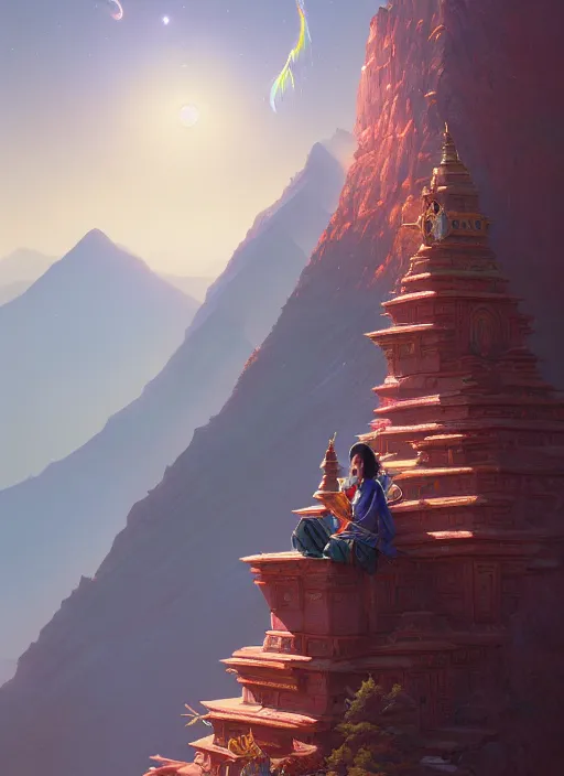 Image similar to highly detailed portrait tibet mountain, stephen bliss, unreal engine, fantasy art by moebius greg rutkowski, loish, rhads, ferdinand knab, makoto shinkai and lois van baarle, ilya kuvshinov, rossdraws, tom bagshaw, global illumination, radiant light, detailed and intricate environment