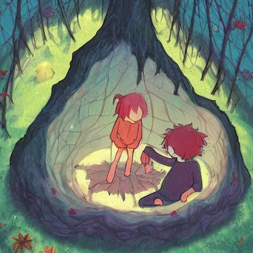 Image similar to a faerie and firefly couple living inside a hollow in a tree, masterpiece soft focus painting by kerascoet by marie pommepuy and sebastien cosset by studio ghibli, award winning illustration, bande dessinee, nostalgic painting, dynamic lighting