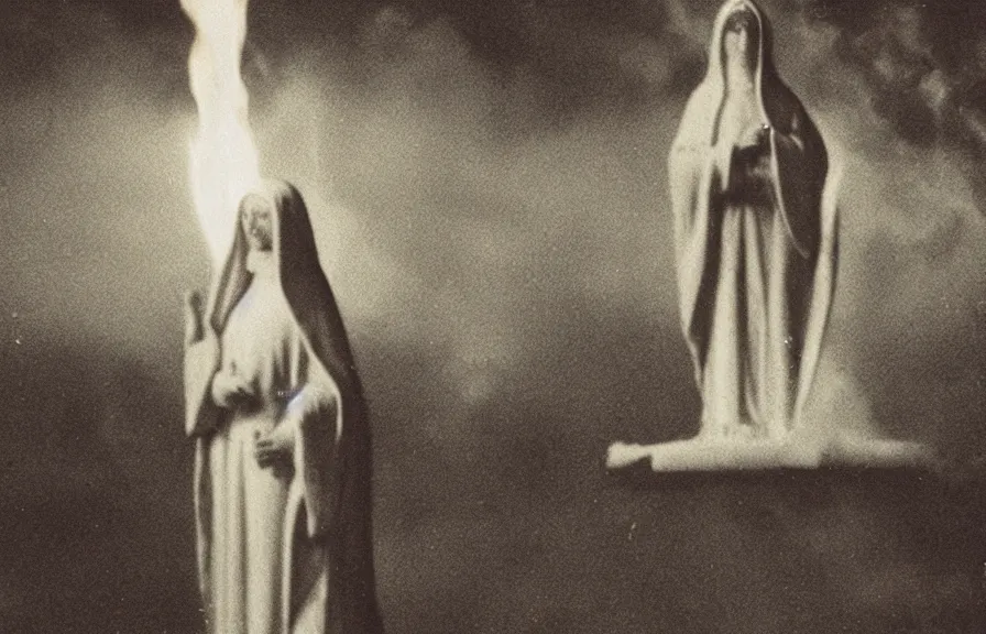 Image similar to statue of mother mary on fire, grainy vintage photograph