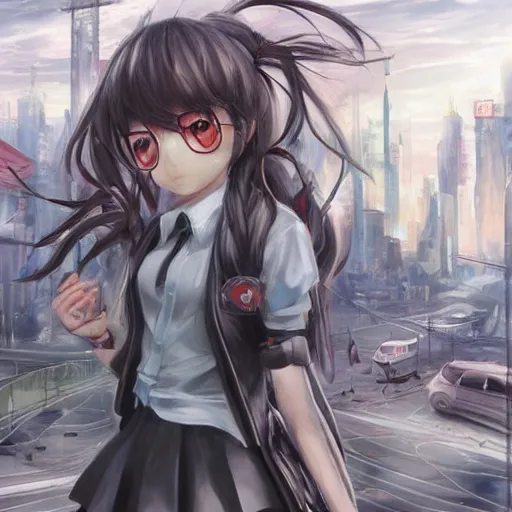 Image similar to dynamic composition, motion, ultra-detailed, incredibly detailed, a lot of details, amazing fine details and brush strokes, colorful and grayish palette, smooth, HD semirealistic anime CG concept art digital painting, watercolor oil painting of Clean and detailed post-cyberpunk sci-fi close-up schoolgirl wearing thigh highs and school uniform, in asian city in style of cytus and deemo, blue flame, relaxing, calm and mysterious vibes,, by a Chinese artist at ArtStation, by Huang Guangjian, Fenghua Zhong, Ruan Jia, Xin Jin and Wei Chang. Realistic artwork of a Chinese videogame, gradients, gentle an harmonic grayish colors. set in half-life 2, Matrix, GITS, Blade Runner, Neotokyo Source, Syndicate(2012), dynamic composition, beautiful with eerie vibes, very inspirational, very stylish, with gradients, surrealistic, dystopia, postapocalyptic vibes, depth of field, mist, rich cinematic atmosphere, perfect digital art, mystical journey in strange world