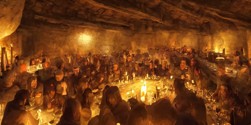 Prompt: low angle epic screenshot of the inside of a vast stone Viking feasting hall, candlelight, boisterous atmosphere, cinematography by Gregory manchess