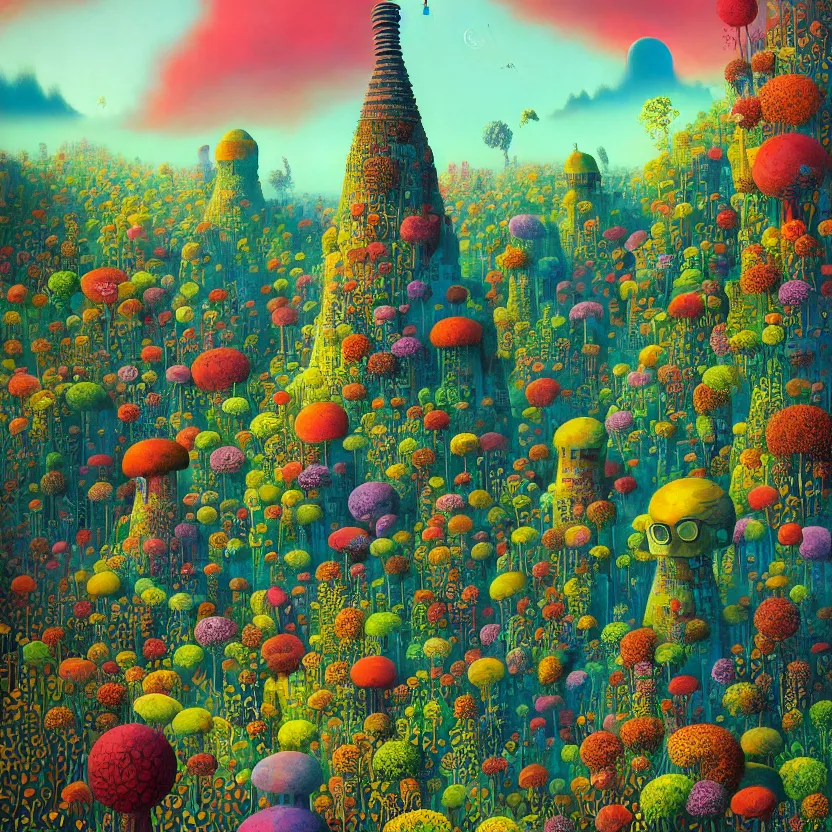 Image similar to surreal glimpse into other universe, mahanakorn tower, summer morning, very coherent and colorful high contrast, art by!!!! gediminas pranckevicius!!!!, geof darrow, floralpunk screen printing woodblock, dark shadows, hard lighting, stipple brush technique,