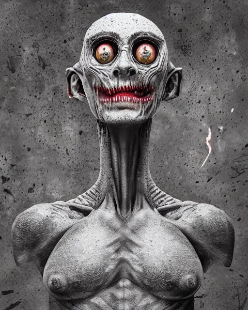 Image similar to Haunting horrifying hyperrealistic detailed painting of a tall slim reptile extraterrestrial creature made of concrete stone brick, covered in, heavy metal, disgusting, creepy, unsettling, and bloodshot eyeballs, hyper detailed, trending on Artstation