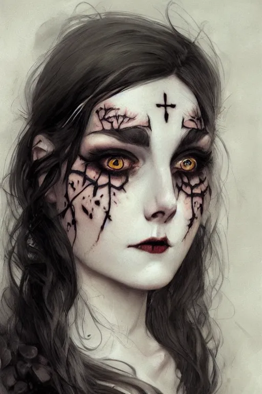 Prompt: \'realistic close-up painting of a gothic girl, face tattoo, by Abigail Larson, Anton Fadeev\'