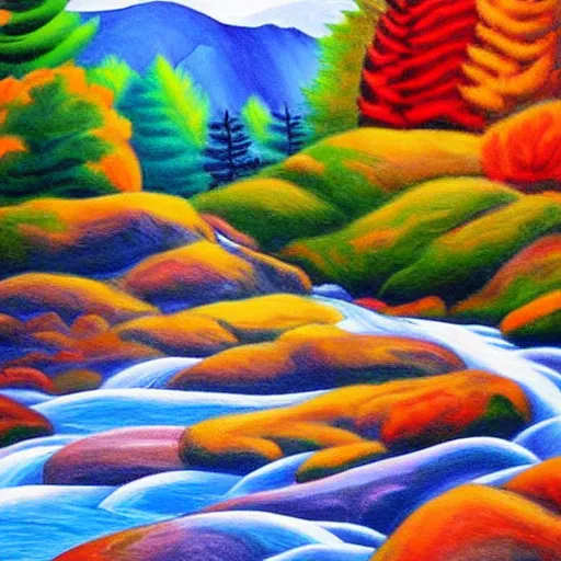 Prompt: mountains, trees and flowing water in the early morning light highly detailed art painting in the style of geogia o keefe