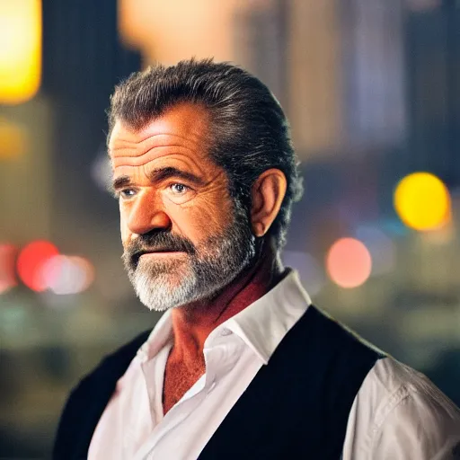 Image similar to a still of mel gibson, studio lighting, shallow depth of field, lights of city in the background, profession photography, 4 k