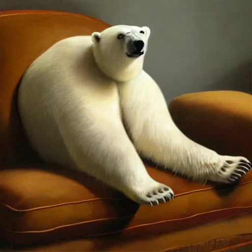 Image similar to polar bear sitting on a couch in the living room by george stubbs, artstation, oil on canvas