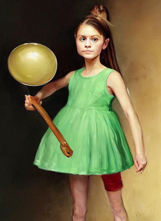 Image similar to a portrait of tiffany aching, an eleven year old girl with brown hair in a ponytail. she is wearing a simple light green dress with an addition and a black pointed witch hat. she is holding a frying pan beautiful painting with highly detailed face by greg rutkowski and magali villanueve